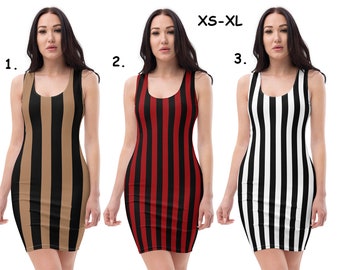 Puede incluir: Tres vestidos sin mangas con rayas verticales. El primer vestido tiene rayas marrones y negras, el segundo vestido tiene rayas rojas y negras, y el tercer vestido tiene rayas blancas y negras. Los vestidos están disponibles en tallas XS-XL.