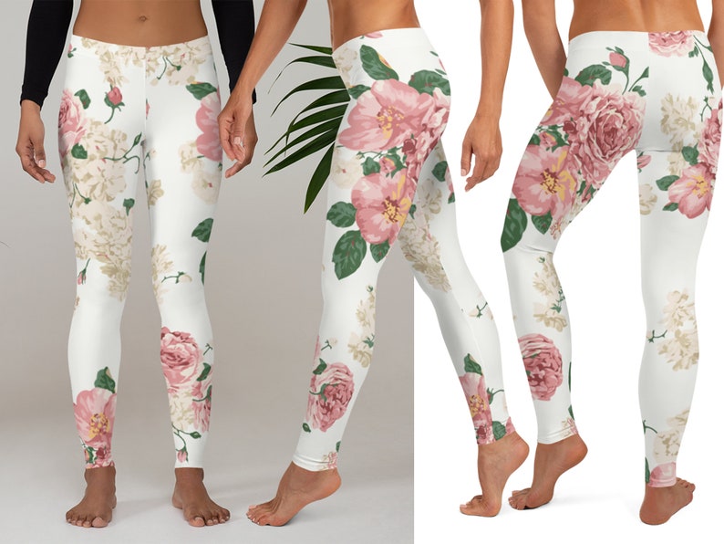 Pink Roses Floral Yoga Pants Women Leggings Vintage Gift Mother's Day Capris Workout Fitness Running Athletic Gym Sports Fitness Activewear