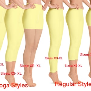 Op de afbeelding: Een set van zes paar gele leggings in verschillende lengtes, waaronder capri, enkel en volledige lengte. De leggings zijn verkrijgbaar in de maten XS-6XL en XS-3XL. De tekst "Yoga Styles" en "Regular Styles" wordt onder de leggings weergegeven.