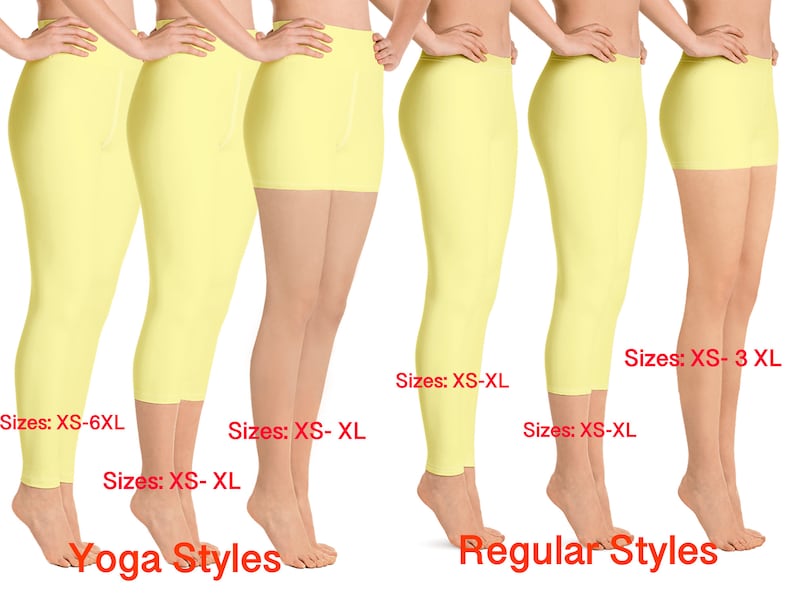 Op de afbeelding: Een set van zes paar gele leggings in verschillende lengtes, waaronder capri, enkel en volledige lengte. De leggings zijn verkrijgbaar in de maten XS-6XL en XS-3XL. De tekst "Yoga Styles" en "Regular Styles" wordt onder de leggings weergegeven.