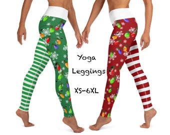 Christmas Workout Leggings Tree Lights Stripes Yoga Women Gift Cosplay Snowflakes Festive Running Fitness Outfit Pants Bulbs Elf Activewear