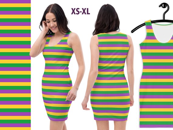 mardi gras bodycon dress Mardi Gras Striped Dress Woman Fitted Carnival Costume Festival Spandex  Comfortable Bodycon New Orleans Outfit Girlfriend Gift Tank Sparkles