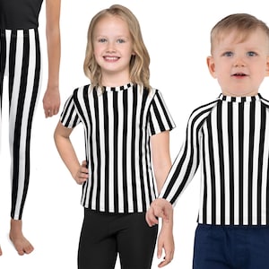 Schwarz weiß gestreiftes Kinderkostüm Halloween-Schiedsrichter Vertikale Streifen Bösewicht Cosplay Sträfling Leggings Hosen Rash Guard Jugendliche T-Shirt