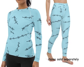 Costume de poupée de chiffon cousu Sally bleu femme qui court Halloween vêtements de sport leggings de yoga chemise de protection contre les éruptions cutanées noël cosplay haut fête en élasthanne