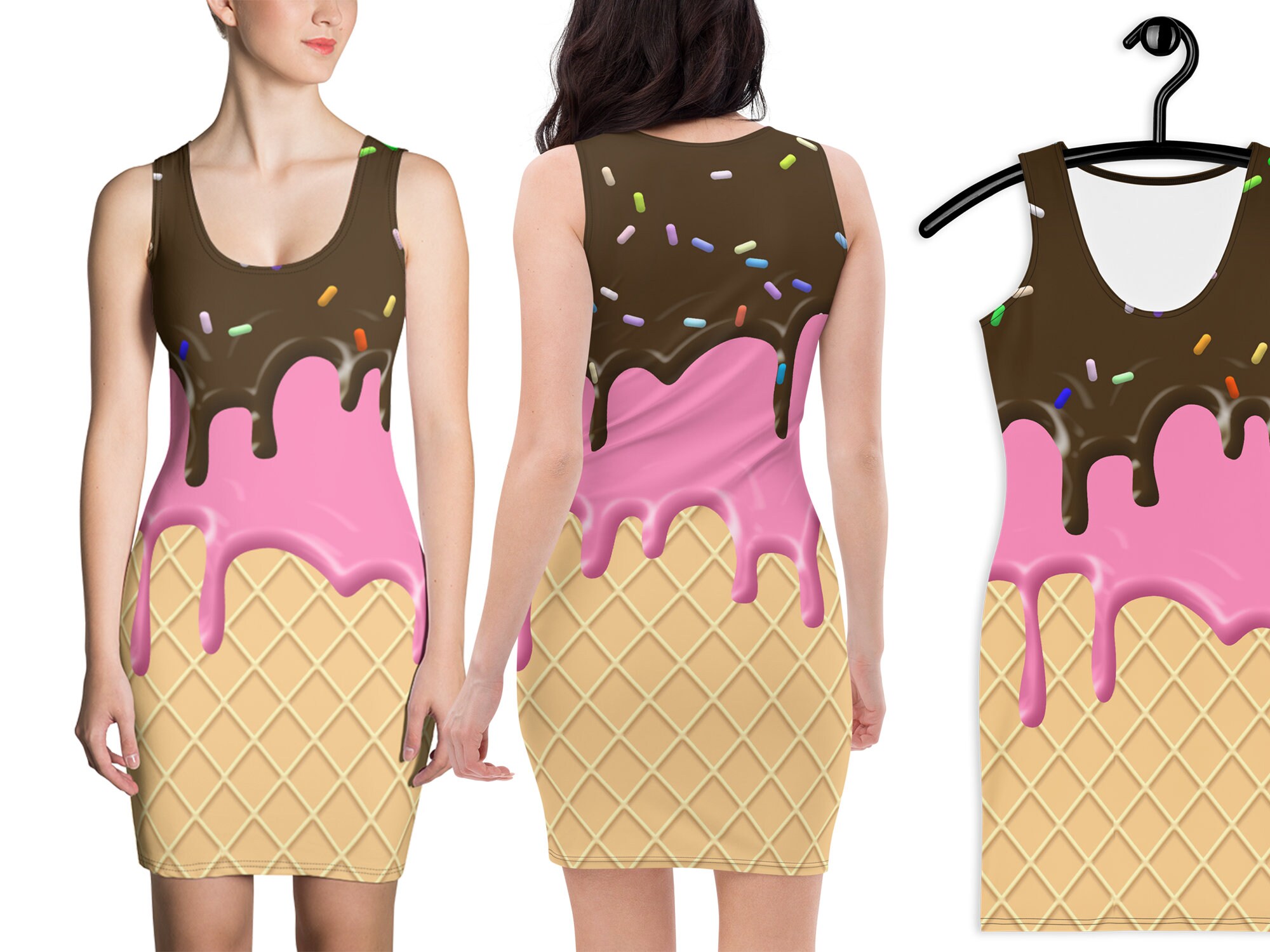 Waffle Ice Cream Dress Woman Birthday Party Halloween Costume Cosplay Fitted Tank Skater Spandex Cake Sprinkles Gift Chocolate Dessert