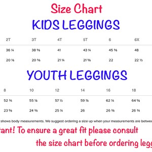 Puede incluir: Tabla de tallas para leggings para ni&ntilde;os y j&oacute;venes. La tabla muestra las medidas de altura y cintura en pulgadas para las tallas 2T a 7 y 8 a 20. El texto dice "Size Chart", "Kids Leggings", "Youth Leggings", y "&iexcl;Importante! Para asegurar un ajuste perfecto, consulta la tabla de tallas antes de pedir leggings!"