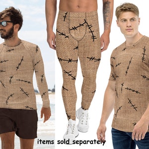 Burlap Sack Men Spandex Costume Men Meggings Stitches Print Halloween Rash Guard Shirt Christmas Cosplay Pants Running Activewear