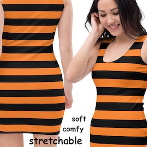 Halloween Gestreiftes Kleid Orange Schwarz Frauen Spandex Hexe Kostüm Cosplay ausgestattet Bodycon Spooky Night Party Geschenk