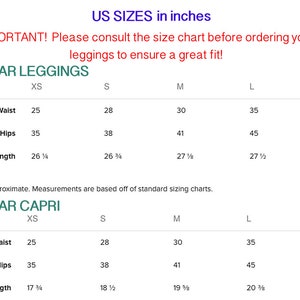 Op de afbeelding: Maattabel voor gewone en capri leggings in Amerikaanse maten. De tabel toont de maten in inches voor taille, heupen en binnenbeenlengte voor de maten XS, S, M, L en XL.