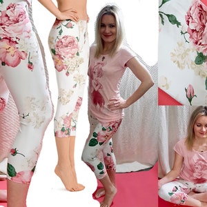 Pink Roses Floral Yoga Pants Women Leggings Vintage Gift Mother's Day Capris Workout Fitness Running Athletic Gym Sports Fitness Activewear