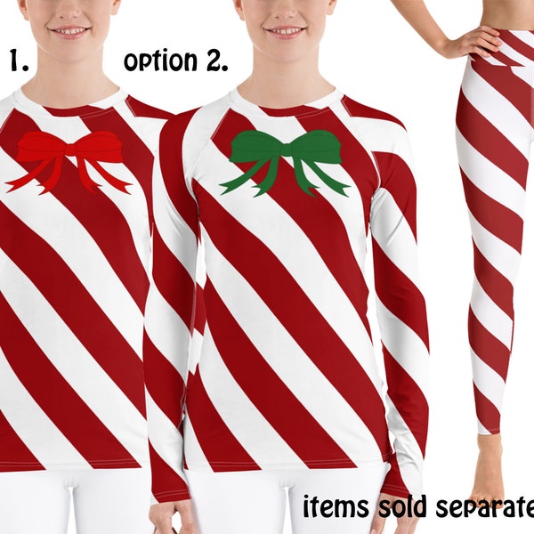 Christmas Red Candy Cane Athletic Women Costume Striped Yoga Leggings Rash Guard Shirt Running Cosplay Activewear Surfing Peppermint