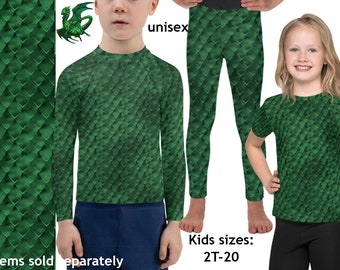 Green Dragon Kids Athletic Costume Halloween Scales Reptile Outfit Children Shirt Leggings Toddler Cosplay Rash Guard Dinosaur Birthday Gift