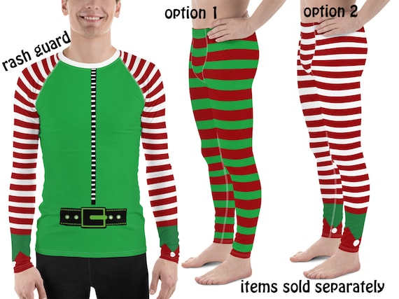 Men's Christmas Elf Costume Rash Guard for Men Boys Green White Red Stripe