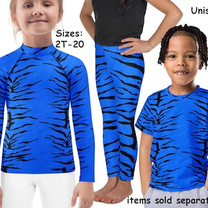 Blue Tiger Costume Children Halloween Activewear Leggings Rash Guard Shirt Derpy Cosplay Outfit Rash Guard Shirt Spandex