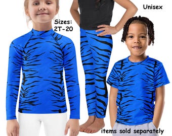 Blue Tiger Costume Children Halloween Activewear Leggings Rash Guard Shirt Derpy Cosplay Outfit Rash Guard Shirt Spandex