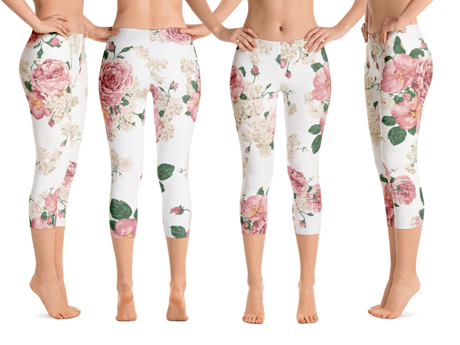 Pink Roses Beige Flowers Print Gym Fitness Leggings Women's Yoga Pants