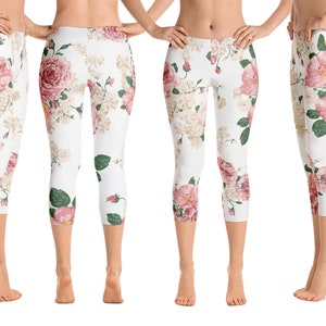 Pink Roses Floral Yoga Pants Women Leggings Vintage Gift Mother's Day Capris Workout Fitness Running Athletic Gym Sports Fitness Activewear