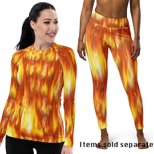Fire Flames Costume Woman Halloween Element Cosplay Yoga Leggings Rash Guard Shirt Running Hoodie Activewear Birthday Phoenix Wildfire Party