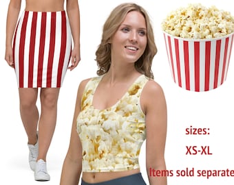 Popcorn Box Kostüm Frau Bleistift Rock Crop Top Halloween Filmnacht Cosplay Tank Top Striped Red Food Party Outfit Geschenk