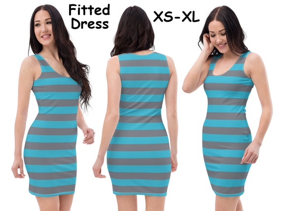 Blue Gray Striped Cheshire Cat Dress Woman Cosplay Costume Halloween Bodycon Fitted Spandex