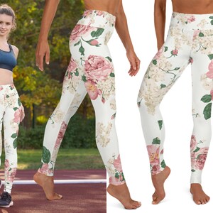 Pink Roses Floral Yoga Pants Women Leggings Vintage Gift Mother's Day Capris Workout Fitness Running Athletic Gym Sports Fitness Activewear