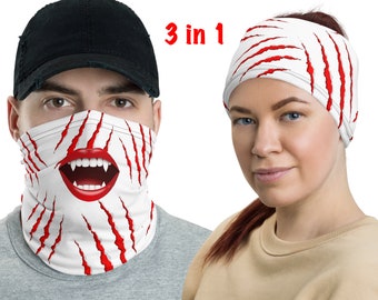 Vampire Face Mask Neck Gaiter Bloody Mouth Teeth Scratches Halloween Costume Cosplay Sciarpa Headband Bandana