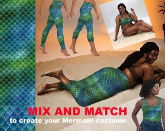 Green Mermaid Ariel Activewear Costume Women Fish Scales Print Leggings Halloween Running Cosplay Outfit