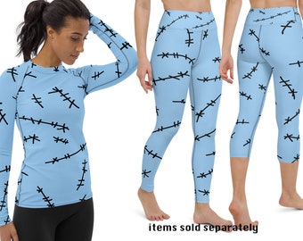 Sally Blue Rag Doll Stitched Costume Rash Guard Shirt Women Leggings Christmas Halloween Cosplay Costume Print Activewear Spandex Party