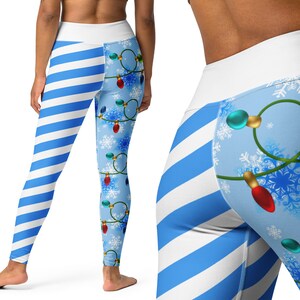 May include: Blue and white striped leggings with a blue and white snowflake and Christmas lights pattern on one leg.