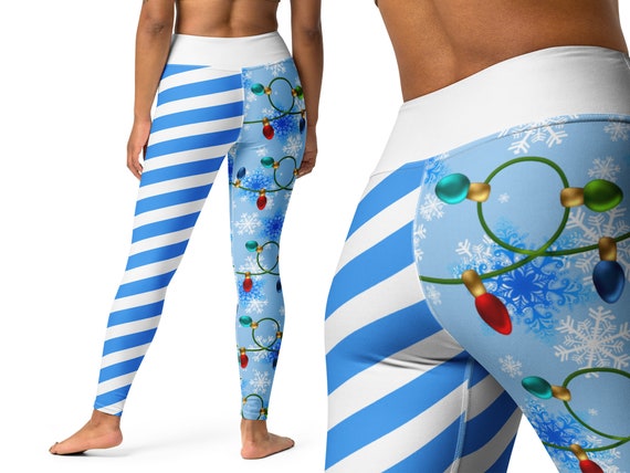 Blue Candy Cane Christmas Leggings Workout Striped Tree Lights Yoga Women  Gift Snowflakes Festive Running Fitness Outfit Pants Elf -  Canada