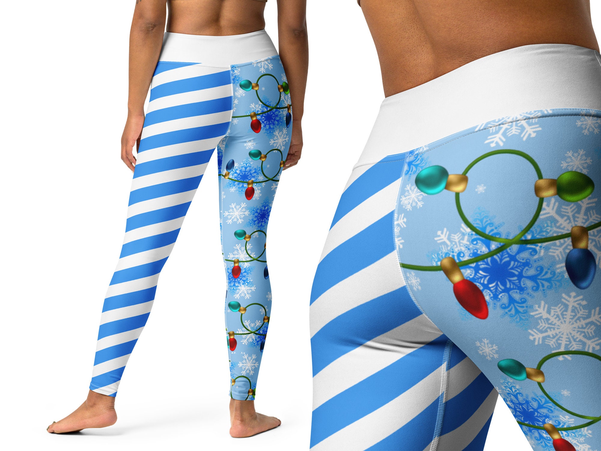 Blue Candy Cane Christmas Leggings Workout Striped Tree Lights
