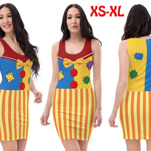 Killer Clown Dress Woman Costume Fitted Halloween Striped Outfit Circus Cosplay Patched Colorful Fun Party Skater Running Birthday Gift