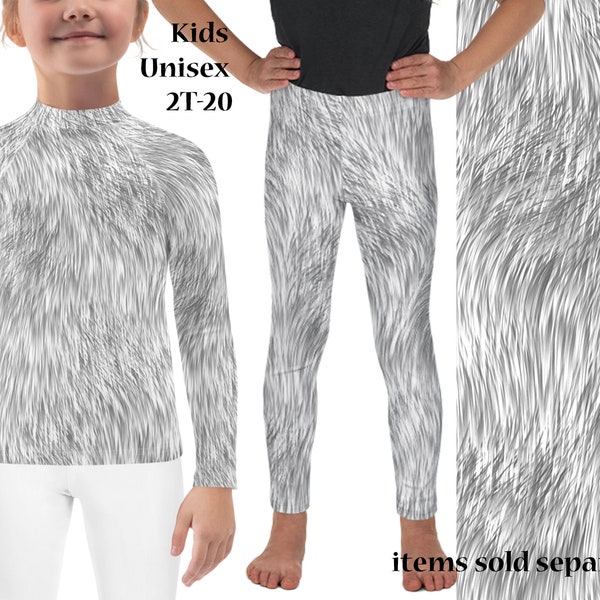 Grey Cat Wolf Furry Print Kids Costume Animal Activewear Halloween Pattern Cosplay Leggings Children Rash Guard Shirt Birthday Outfit
