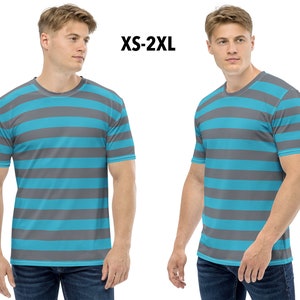 Blue Grey Striped Cat T-Shirt Men Halloween Costume Tee Running Cosplay Party Outfit Gift