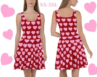 Pink Hearts on Red Skater Dress Running Women Spandex Love St Valentine's Gift Halloween Cosplay Costume Activewear  Party