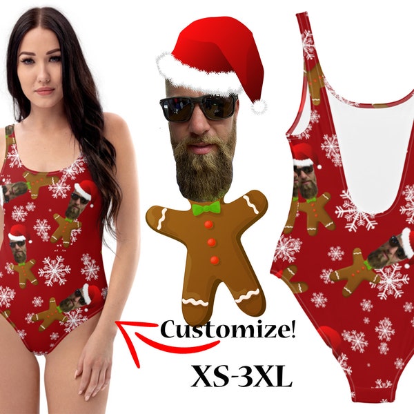 Custom Photo Christmas Swimsuit Women Gift Gingerbread Santa Personalized One Piece Swimming Beach Costume Wear Pool Party Gear Swimwear