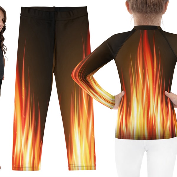 Fire Flames Costume Kids Halloween Element Print Cosplay Leggings Children Rash Guard Shirt Toddler Birthday Teens Outfit