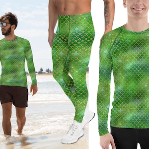 Green Merman Fish Scales Print Men Halloween Activewear Costume Mermaid Cosplay Meggings Pants Rash Guard Shirt Swimming Spandex Surfing