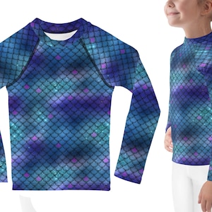 Mallas de sirena a escala de pez azul, ropa deportiva para niños, disfraz de Halloween, camisa protectora contra sarpullidos, Top de regalo para niños pequeños