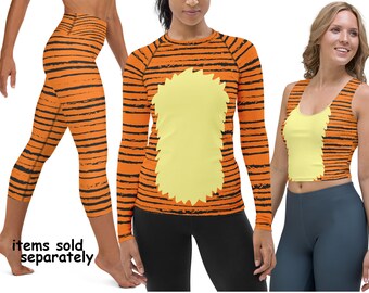 Tiger Halloween Costume Activewear Women Striped Yoga Leggings Rash Guard Shirt Pants Running Workout Animal Gift