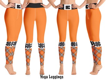 Orange Leprechaun Workout Leggings Women Plaid Patty's Yoga St. Patrick Pants Irish Shamrock Sports Tartan Festive Running Capris Activewear