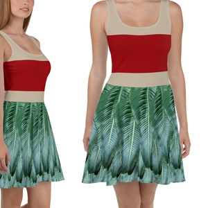 Hawaiian Hula Dancer Skater Dress Women Halloween Tropical Print Spandex Running Green Palm Leaves Cosplay Costume Outfit Party Gift
