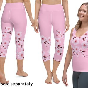 Pink Sakura Workout Set Cherry Blossoms Capris Leggings Tank Crop Women Yoga Pants Shirt Running Athletic Top Sports Floral Activewear
