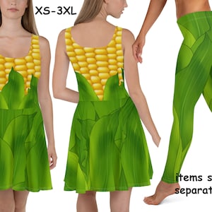 Corn Cob Spandex Skater Kleid Frauen Halloween Kostüm Yoga Leggings Cosplay Grüne Blätter Outfit Party Bauernhof Floral Dress Up