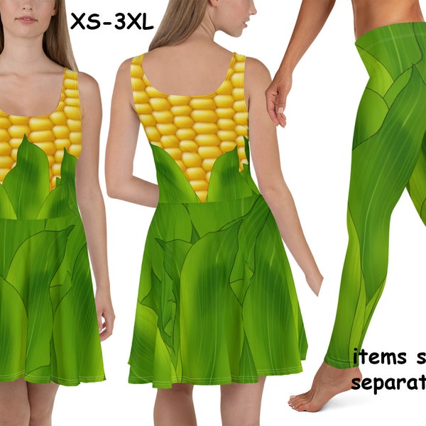 Corn Cob Spandex Skater Dress Women Running Costume Yoga Leggings Halloween Cosplay Green Leaves Outfit