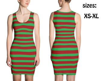 Puede incluir: Vestido sin mangas con rayas horizontales rojas y verdes. El vestido es ajustado y tiene un escote redondo. Tallas disponibles: XS-XL.