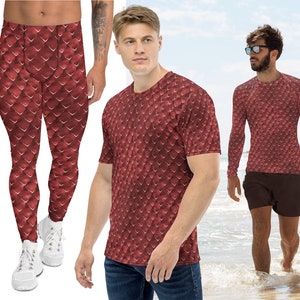 Red Dragon Costume Men Reptile Lizard Skin Scales Animal Print Cosplay Halloween Rash Guard Shirt Meggings Workout Surfing Pants Activewear