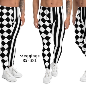 Rhombus Black White Checkered Half Striped Men Athletic Pants Meggings Activewear Running Gym Biking Dancing Vertical Halloween Cosplay