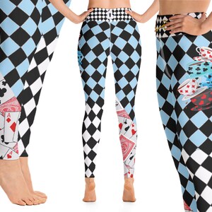 Alice Argyle Leggings de yoga pour femme Costume du pays des merveilles Halloween Cosplay Pantalon bleu blanc Cartes d'entraînement Tasses à thé Damier Course Cadeau Fête