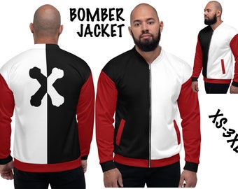 May include: A black, white, and red bomber jacket with a bold X design on the back. The jacket is split vertically, with one side black and the other white. The sleeves are red, and the jacket is available in sizes XS-3XL.